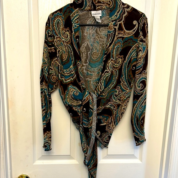 Chico's women’s size 1 Paisley Wrap Top - Teal and Brown and gold. Long sleeve - Picture 1 of 11